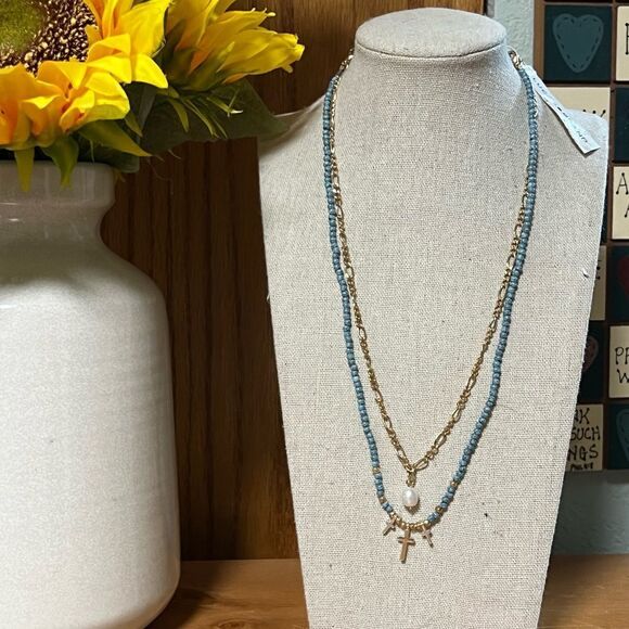 Elegant Blue and Gold Layered Necklace #LBNK7 - Picture 1 of 7